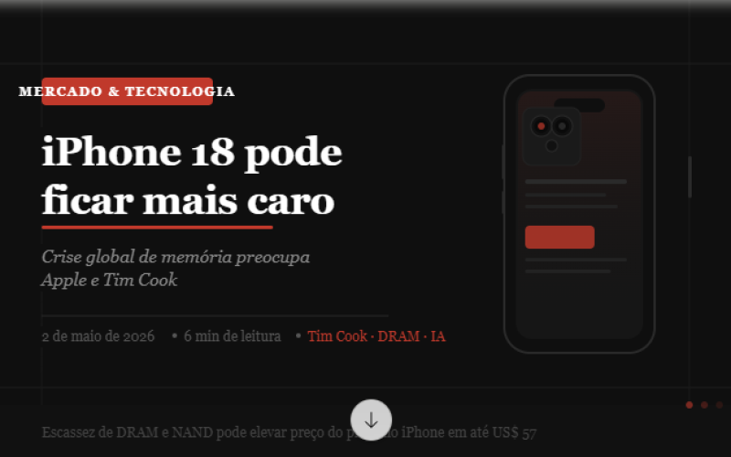 iPhone 18, Apple, Tim Cook, Memória DRAM, Memória NAND, Crise de memória, Apple Intelligence, Preço iPhone, Inteligência Artificial, Smartphones, Mercado